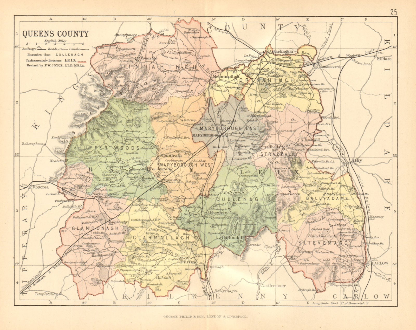 QUEENS COUNTY (LAOIS) . Antique county map. Leinster. Ireland. BARTHOLOMEW c1902